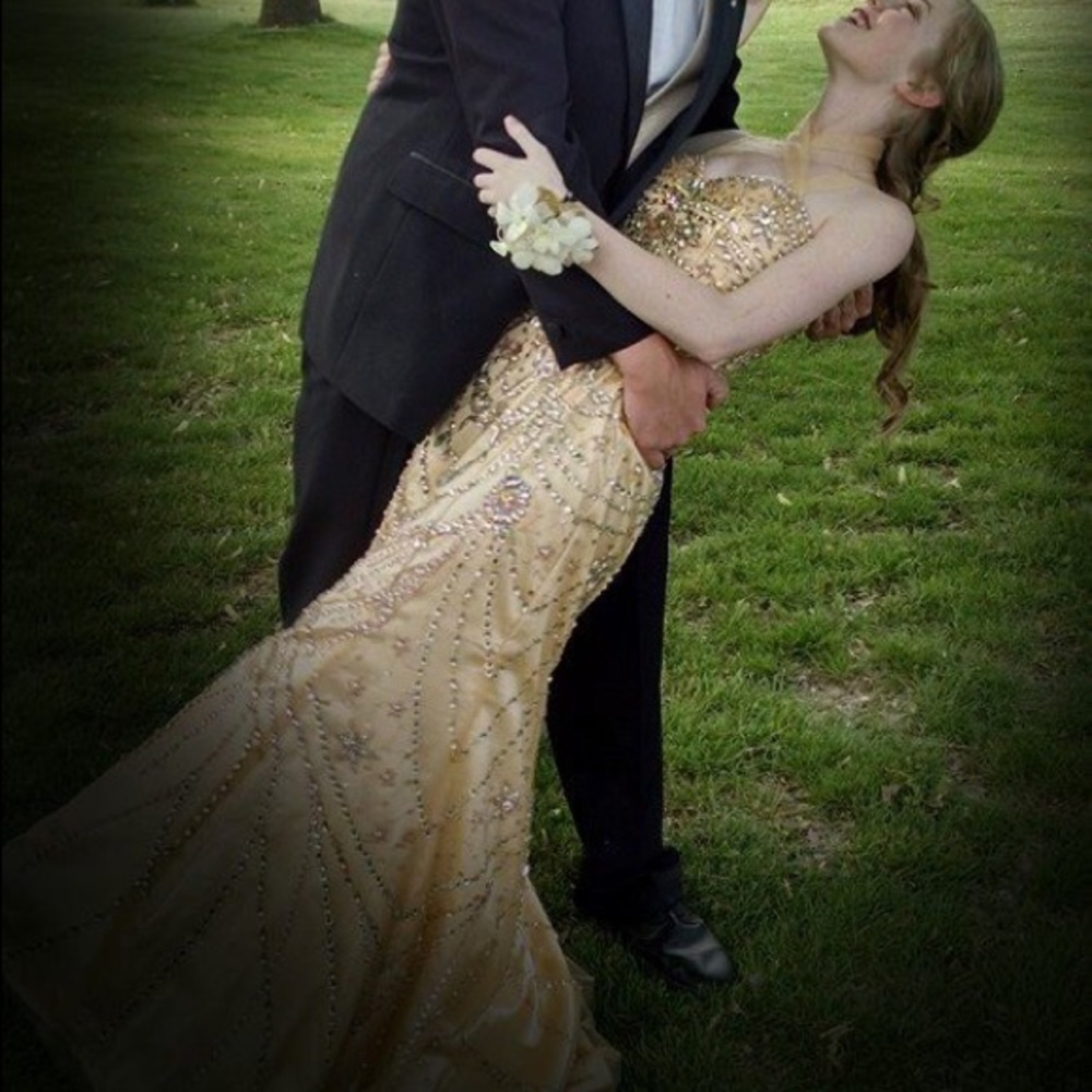 Gold Jeweled Mermaid Prom Dress